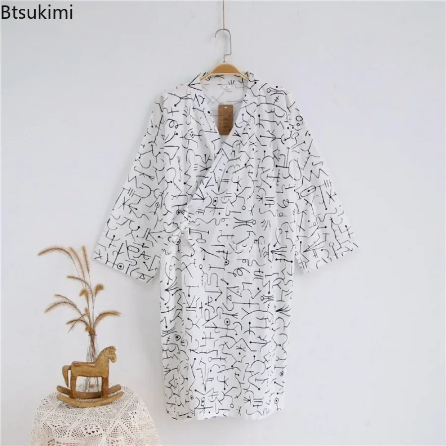 2024 Men's Pajamas Robes Cotton Half Sleeve Blue White Colors Leaves Printing Summer Men's Bathrobe Jacquard Pajamas Men Clothes