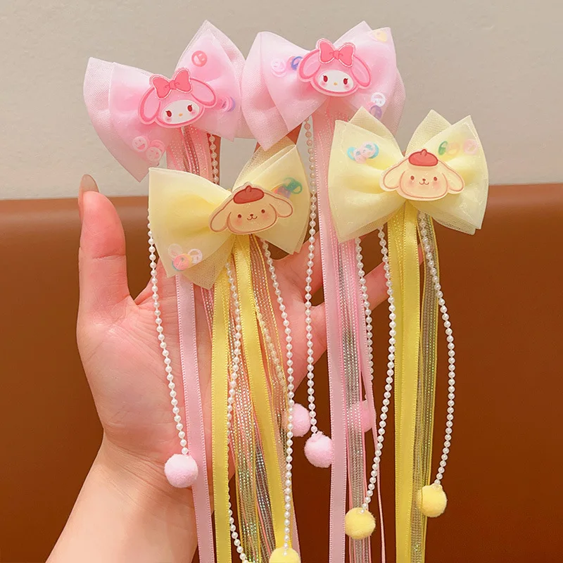 

Kawaii Sanrioed My Melody Children's Headgear Super Fairy Bow Hair Clip Girl's Pompom Purin Braided Streamer Hair Clip Gift