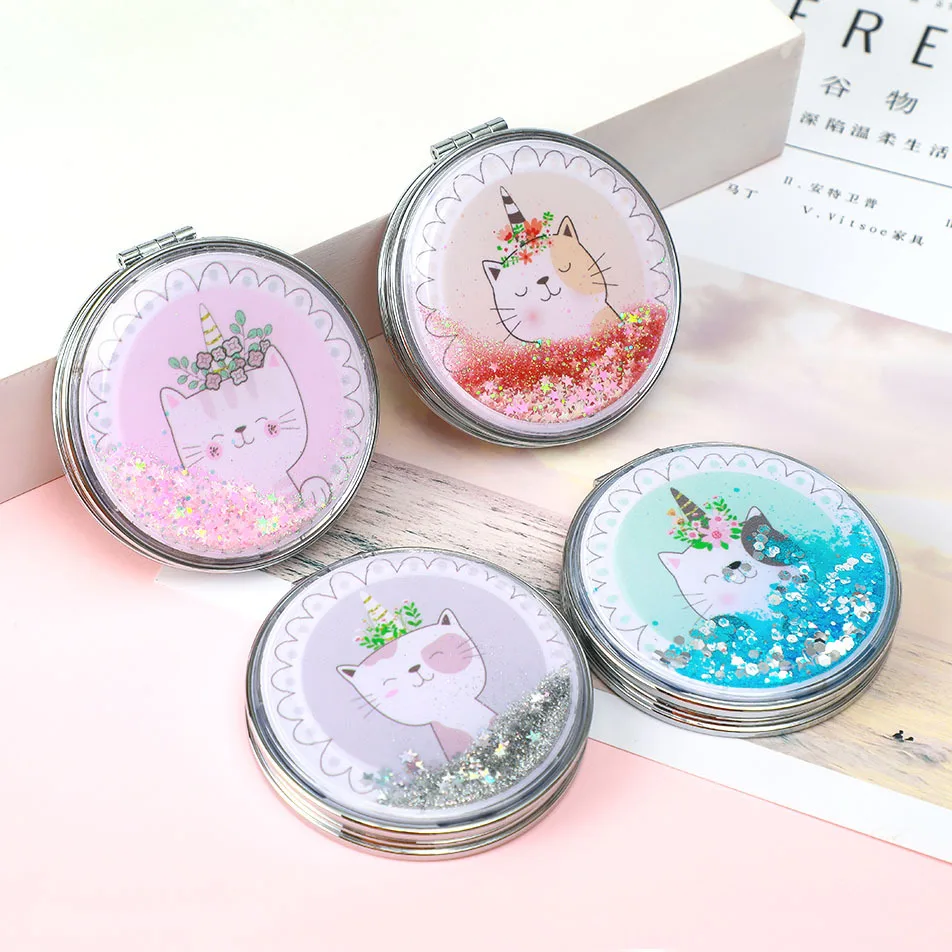 Creative Quicksand Makeup Round Mirror Cute Girl Cartoon Double-sided Mirror Portable Makeup Mirror Home Decoration Accessories