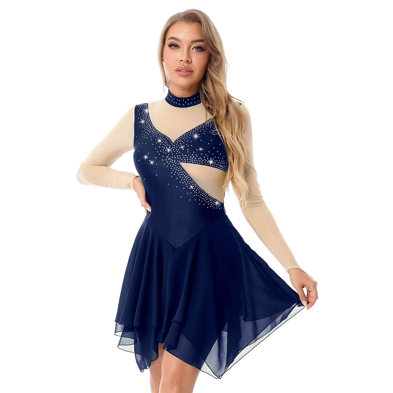 

Figure Skating Dresses Women Girls Ice Skating Leotard Outfits Mock Neck Lyrical Dance Dress Long Sleeve Rhinestone Skating Wear