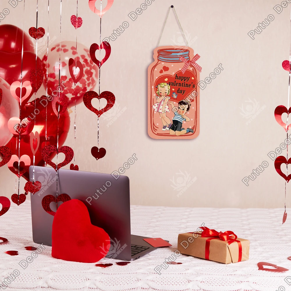 

Putuo Decor Mason Jar Shaped Wooden Hanging Sign, Happy Valentine's Day, Wall Decor for Home Cafe Bar 8.2 X 4.5 Inches