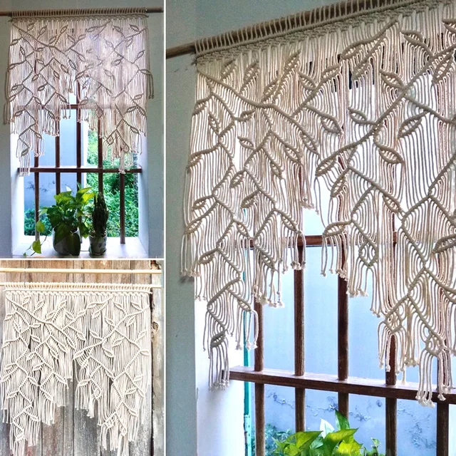 Flber Cortina de macramé para ventana, divisor de habitación, cortina  bohemia de macramé para colgar en la pared, sala de estar y dormitorio, 42