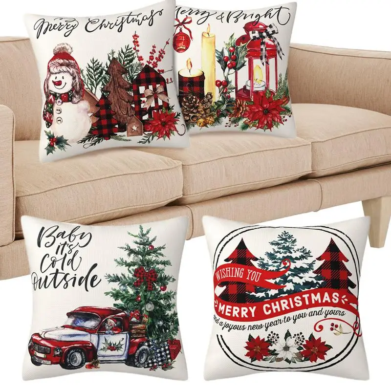 

Snowman Pillow Covers Set Of 4 Decorative Zipper Design Throw Pillow Soft Cases Festive Atmosphere Supplies For Chairs Sofa Car