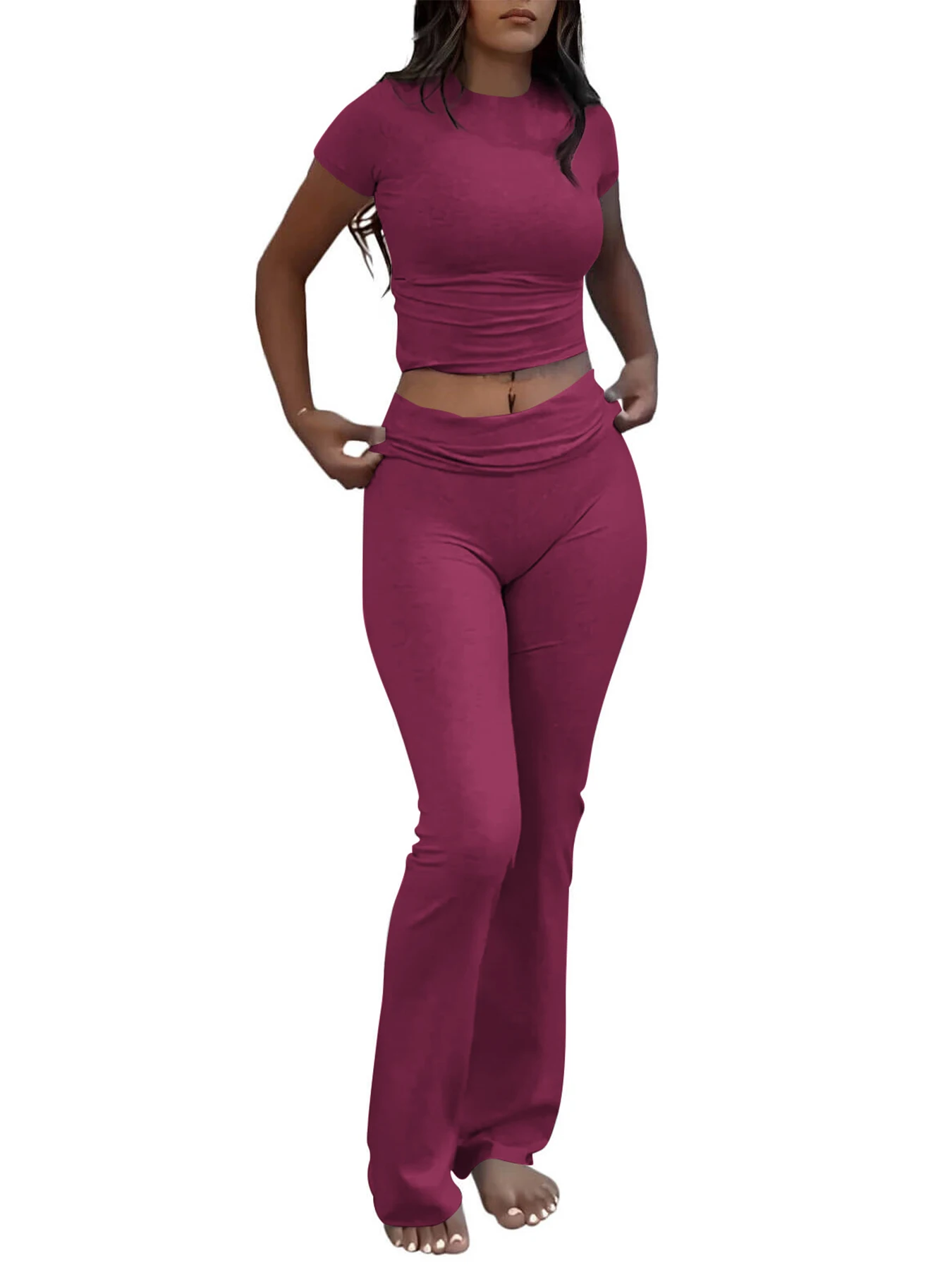 Casual Workout Two Piece Outfits for Women Short Sleeve Crop High Waist Foldover Flare Pants Tracksuit Sets Streetwear - 3