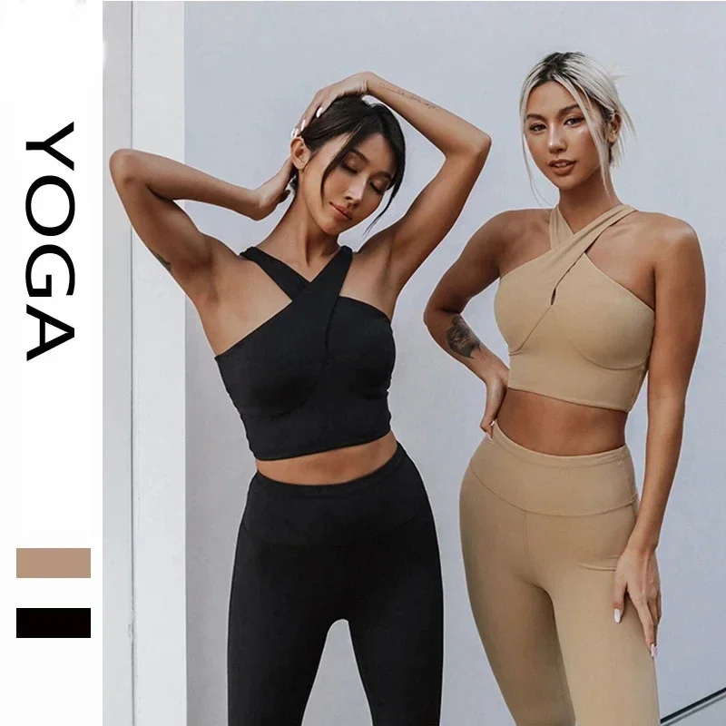 Soutien-gorge à col croisé antichoc et pantalon d'entraînement de levage de hanche, haut de yoga, ensemble de fitness, froncé, précieux