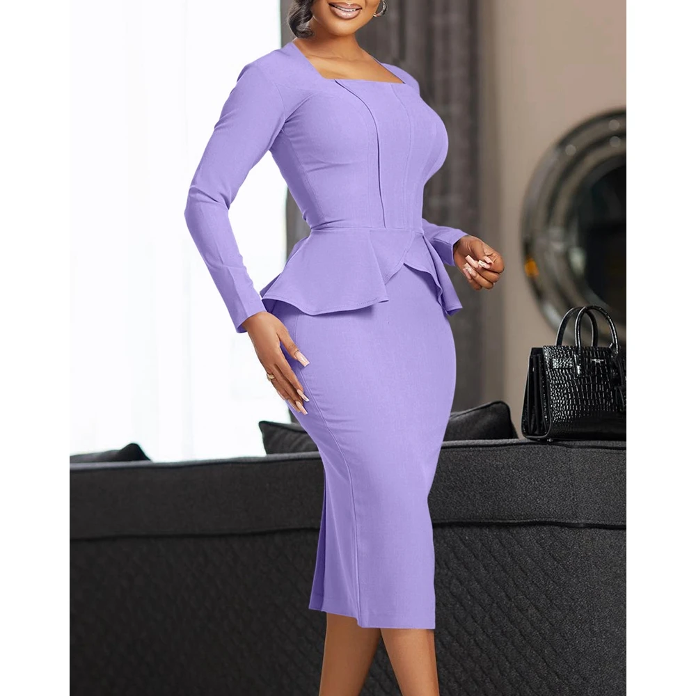 

Women Summer Long Sleeve Square Neck Ruffles Hem Bodycon Midi Dress Elegant Office Female Slim Fit Work Wear Dress Outfits