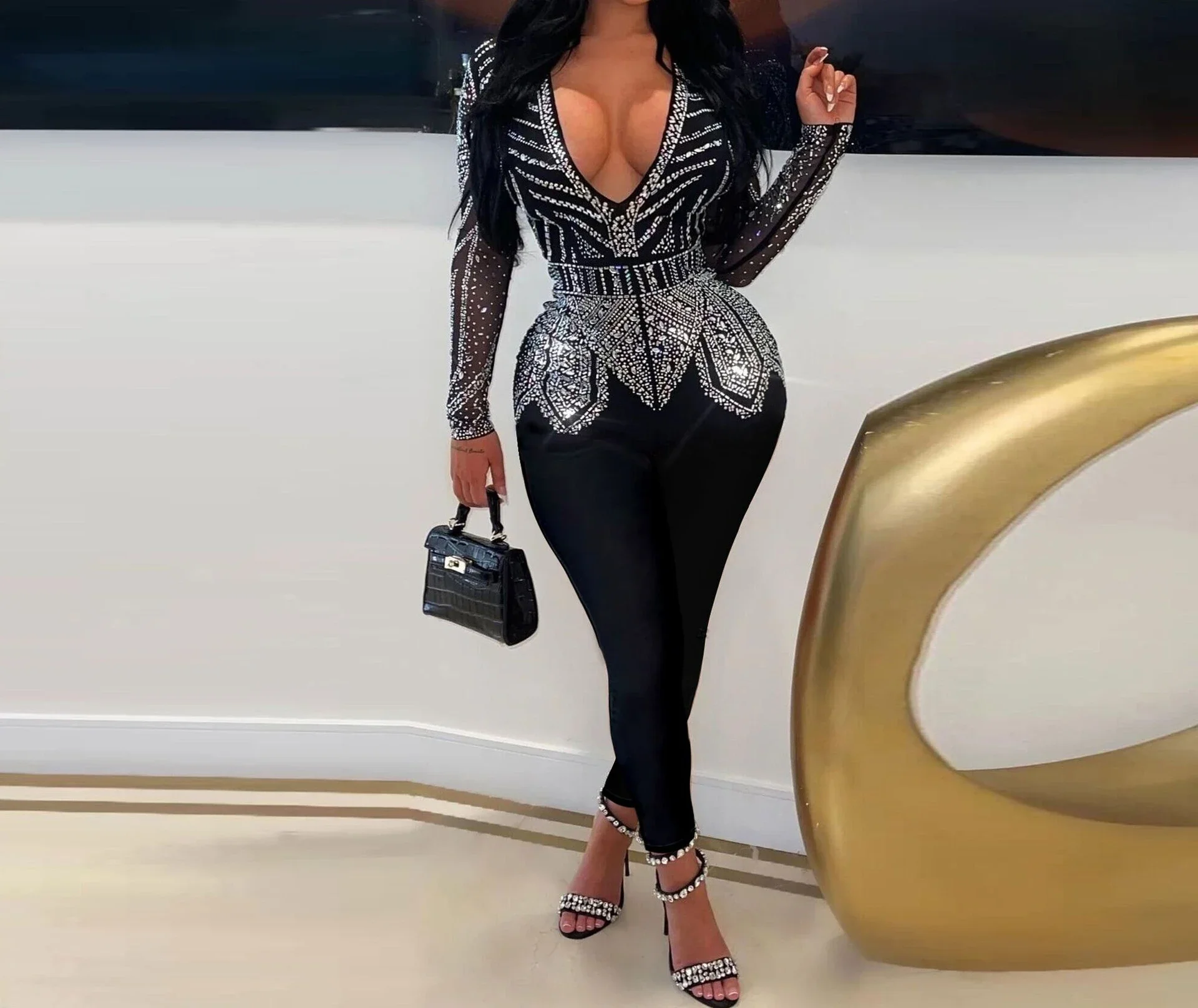 

Elegant Jumpsuit Women Autumn 2023 Fashion Casual Solid Color Sexy Slim Fit Wrap Hip V-Neck Elastic Tight Conjoined Body Pants