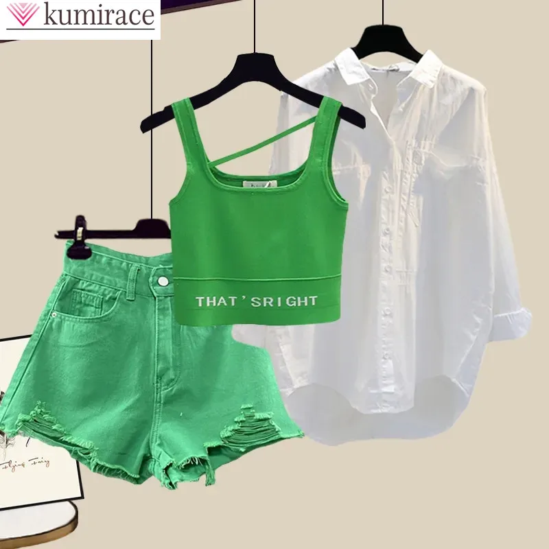 Korean Popular Summer New Style Worn Casual Shorts White Chiffon Shirt Green Vest Bra Three Piece Elegant Women's Shorts Set