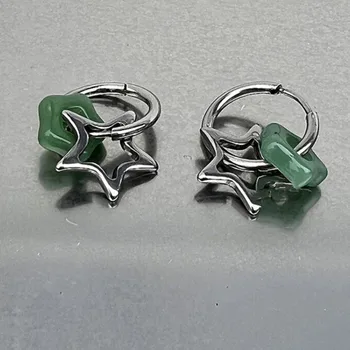 Star Earrings Fashionable Gothic Harajuku Retro Cute Stainless Steel Y2K Moon Imitation Jade Earrings Girls Aesthetic Jewelry