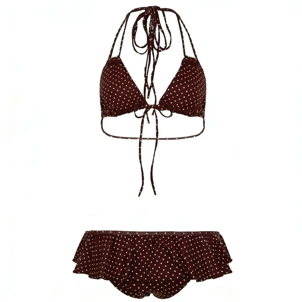 Sexy Ruffled Bikini Suit Slim Fit Deep-V Swimwear Set Lace Up Halter Neck Polka Dot Swimsuit Beach