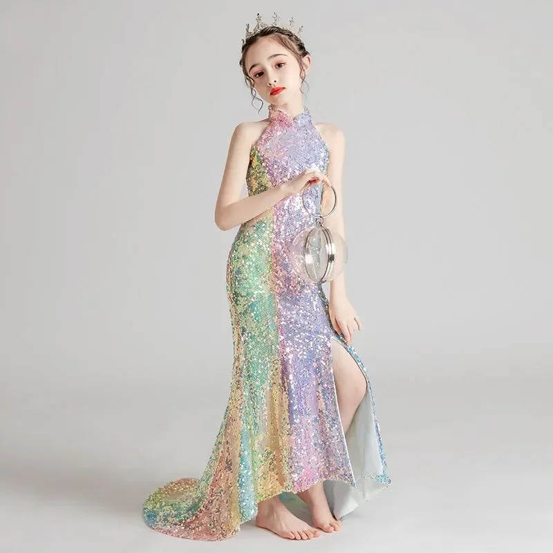 

Girls Evening Dress for Kids Elegant Gowns Teen Birthday Party Dresses Children Mermaid Frocks Color sequins Stitching Vestidos