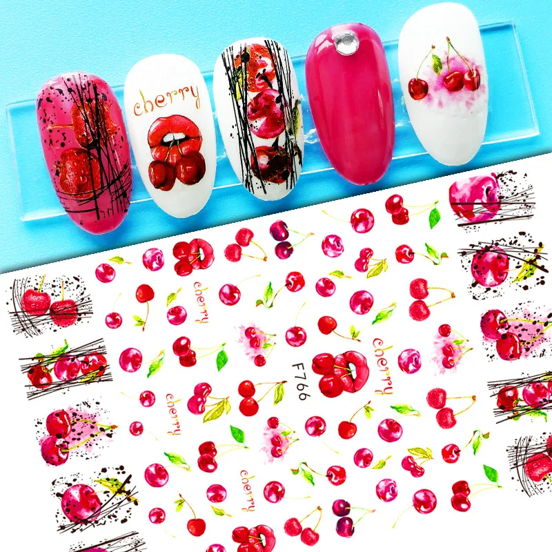 3d Cherry With Lines Nail Polish Stickers Geometric Blue Leaves Friuts