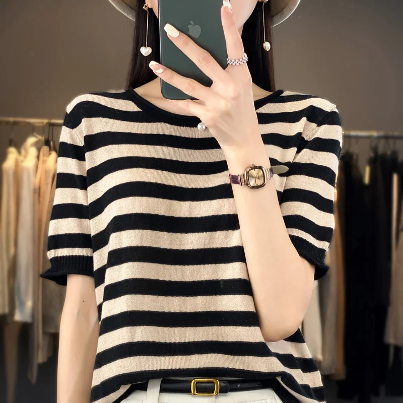 

Women's T-shirt 2023 New Sweater Short Sleeve Casual Stripe Knitted Pure Cotton Women's Top Round Neck T-shirt Large Fashion Top