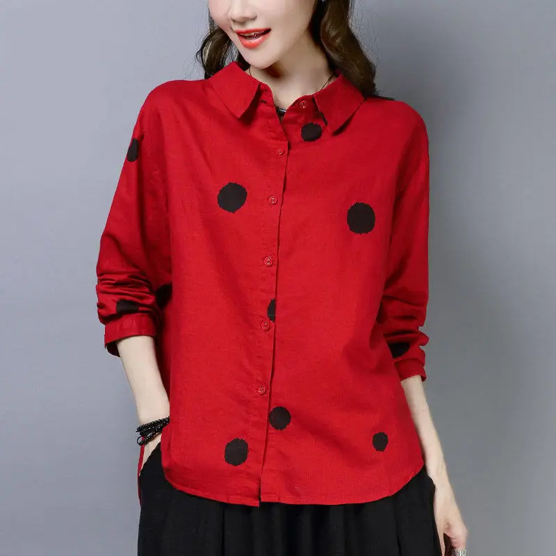 

Vintage Printed Lapel Asymmetrical Polka Dot Shirts Women's Clothing 2023 Autumn Winter Oversized Casual Tops Commuter Blouses