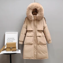 

2021 Winter Women Long Jacket Large Natural Fur Collar Hooded Parkas 90% White Duck Down Coat Thickness Snow Warm Outwear