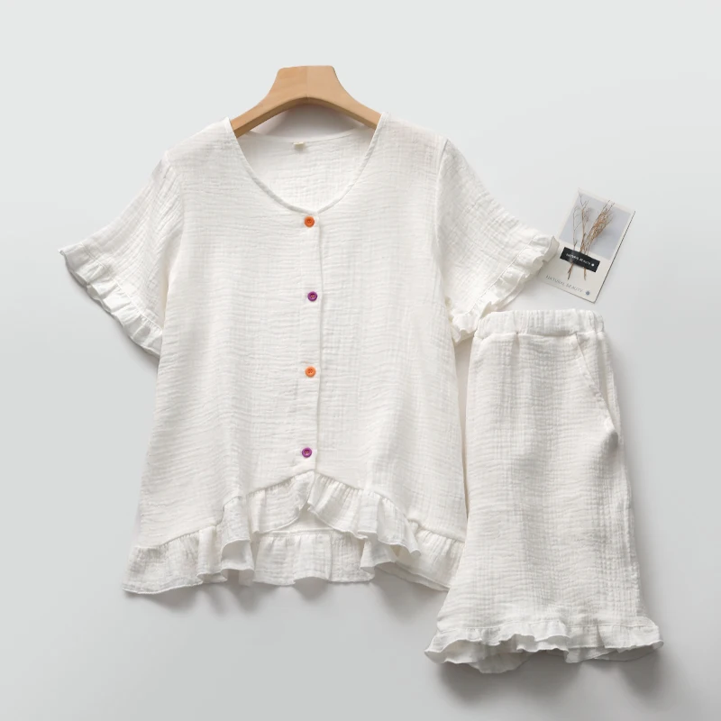 Tree Fungus-like Lacework Short Sleeve Pajamas Washed Pure Cotton Yarn Cardigan V-neck Thin Shorts Home Sleeping Clothes Thin