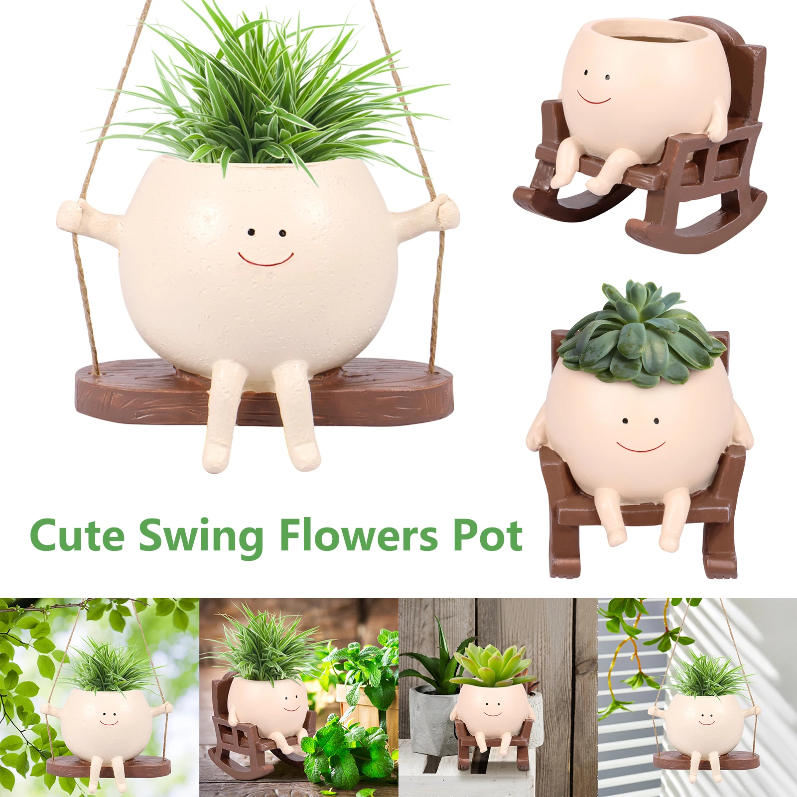 

Милый качели цветочный горшок с улыбающимся лицом, креативный качели из смолы, цветочный горшок для суккулентов, настенный подвесной горшок, украшение для дома и сада