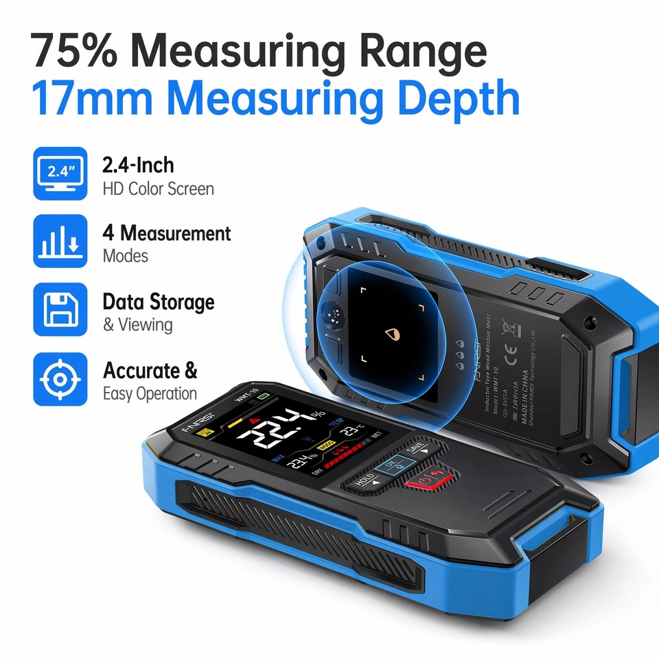 Pinless Wood Moisture Meter 4-in-1 Hard/Softwood/Wall/Brick Tester 0-75% ±1.5% 2.4" Screen 3-Color Alarm for Building Inspection