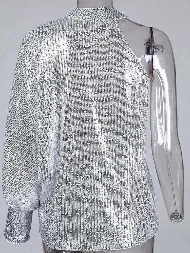 Sexy Solid Silver Glitter Blouse for Women Off one Shoulder Sequin Shirt Autumn Winter Ladies Long Sleeve Party Shirt