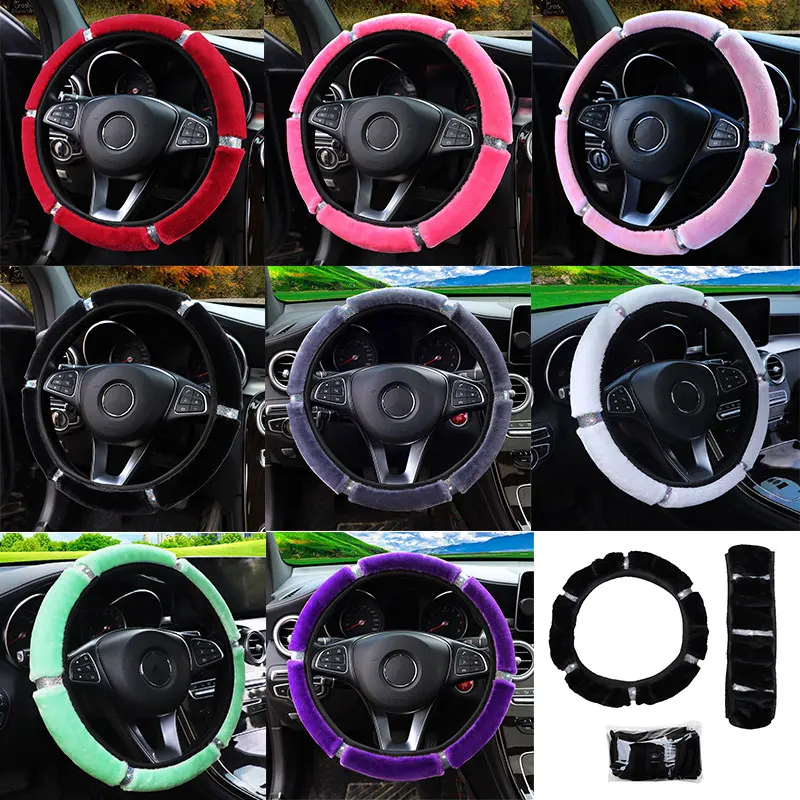 

38cm Diamond Inlaid Without Inner Ring Car Steering Wheel Cover Plush Winter Belt Handle Cover Car Interior Accessories