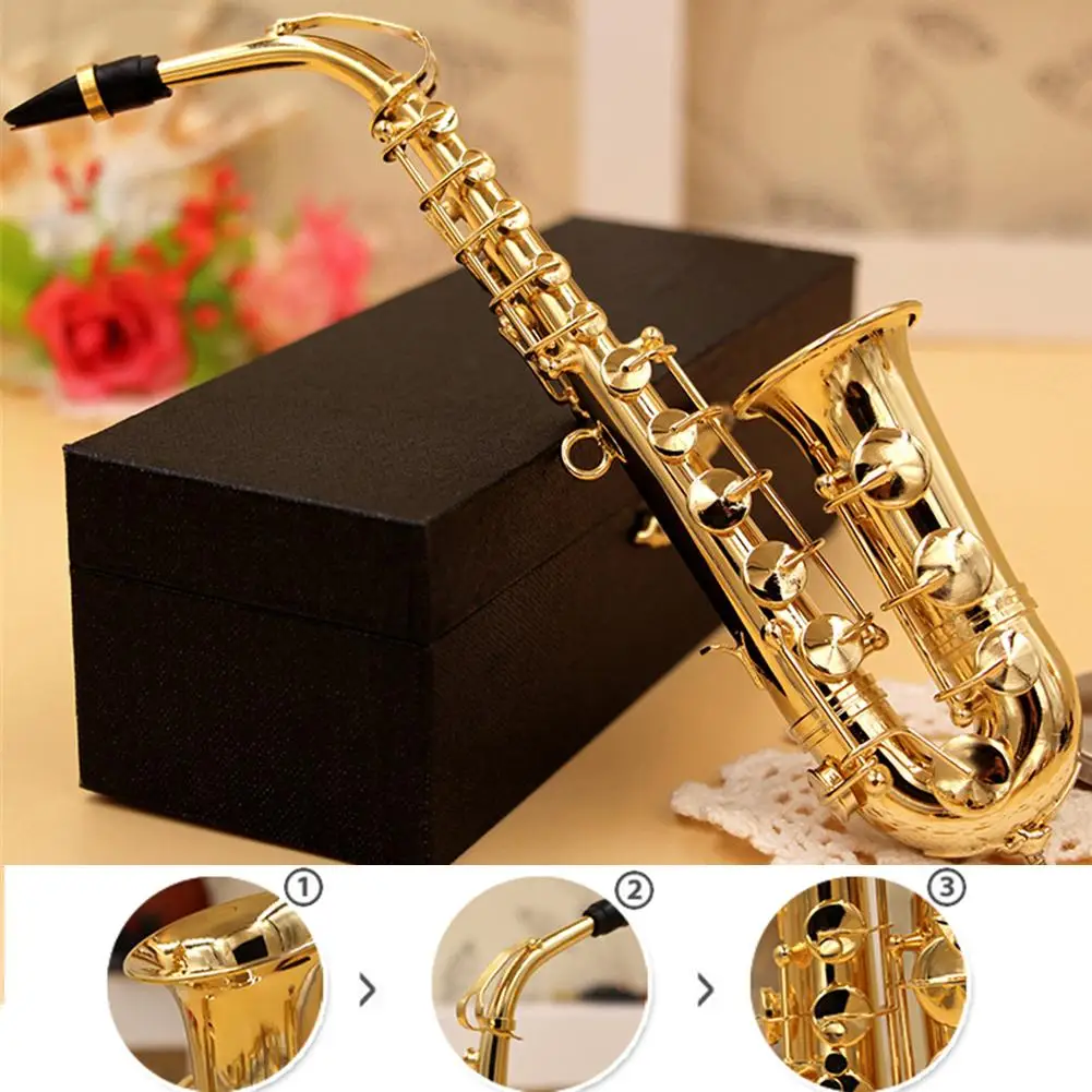 Mini Saxophone Model Musical Instrument Copper Brooch Miniature Desk Decor Display With Box + Bracket