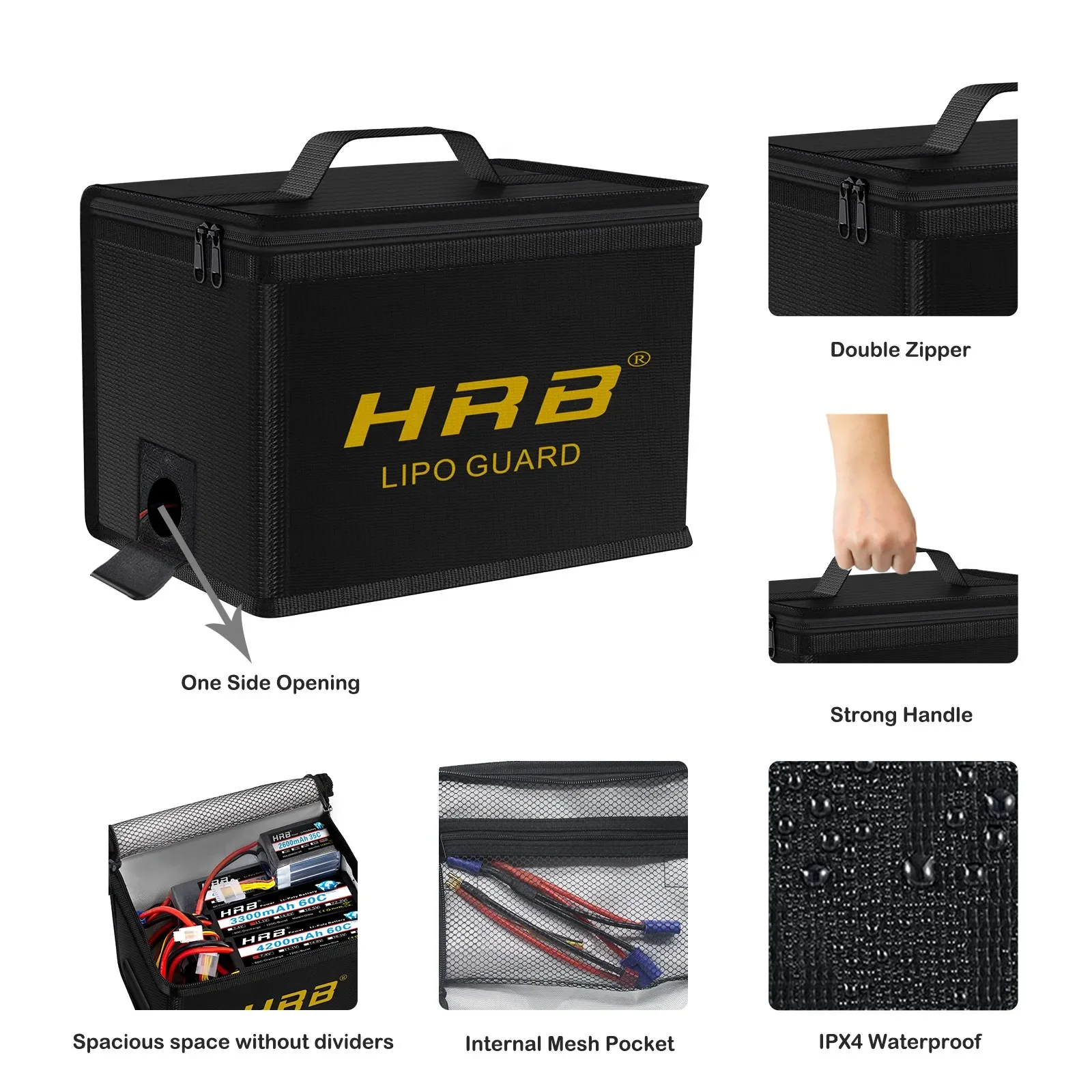 Sac de protection Lipo HRB ignifuge et étanche pour batteries RC avec des batteries LiPo à l'intérieur