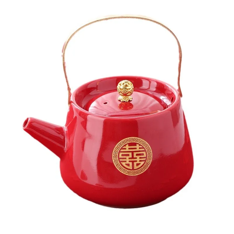 Chinese Style Red Ceramic Teapot, Kung Fu Household Supplies, Celebratory Wedding Banquet Supplies, Metal Handle Tea Pots, 1Pc