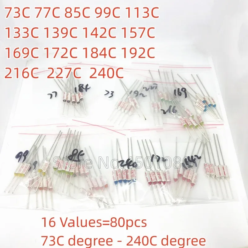 Thermal Fuse 16 Values = 80pcs assortment kit 10A 250V Thermal Cutoffs 73C degree-240C degree Temperature fuse thermal fuse