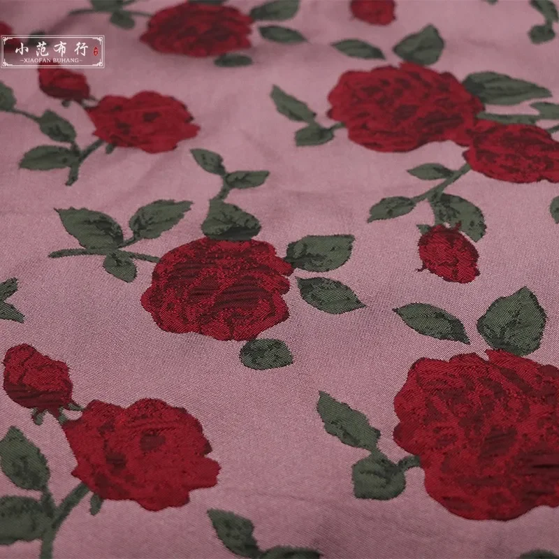 

Fabric Red Rose High-Grade Yarn-Dyed Jacquard Fabric Three-Dimensional Bubble Flower Cheongsam Fashion Anti-Wrinkle Suspender