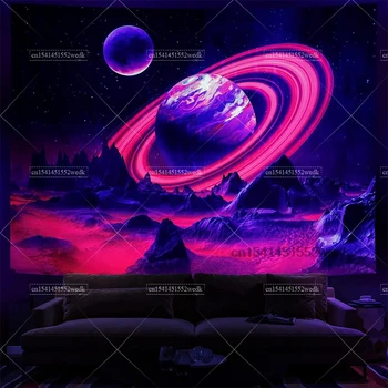 Trippy Planet Blacklight Tapisserie, Ciel Nuit Étoilée, Glow in the Dark, Décors de ixFluorescents, Réactif UV, Esthétique 1