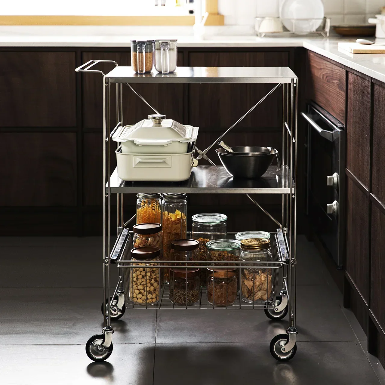 SHIMOYAMA Stainless Steel 201 3- layer Kitchen Trolley Rolling Storage Serving Trolley with Handle Bathroom Shelf