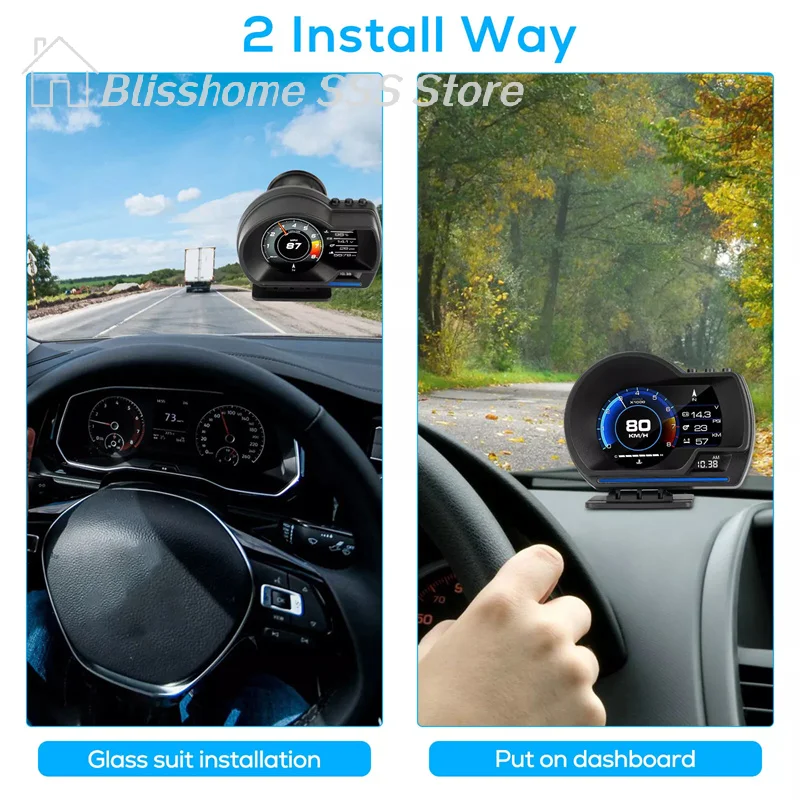 【S】유니버설 OBD2&GPS 듀얼 시스템 미터 속도계 헤드업 디스플레이 다기능 게이지 수온계 터보 자동차 액세서리