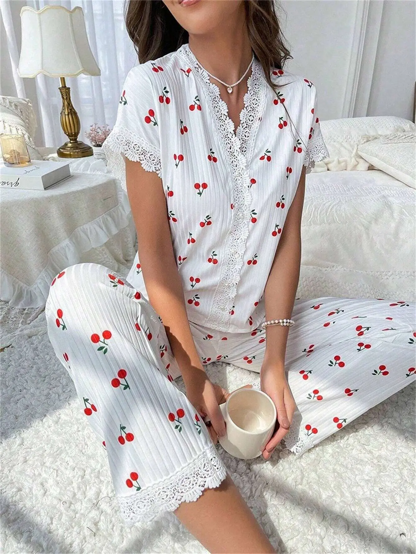 New Cute Ribbed Knit Pajama Set Womens Cherry Print V Neck Short Sleeve Top and Pants Two Piece Sleepwear Lace Trim Homewear Set