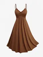 ROSEGAL Plus Size Ruched A-Line Cami Dress Set with Lapel Collar Button Long Sleeves Solid Color Women's Fashion 2 Piece Outfits - Image 3