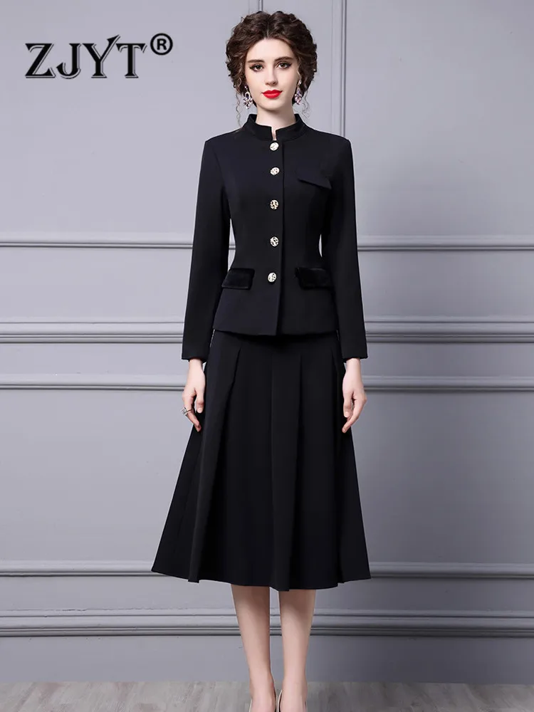 

ZJYT Runway Fashion Stand Collar Blazer Suits with Skirt 2 Piece Womens Outfits Office Work Wear Elegant Autumn Winter Dress Set