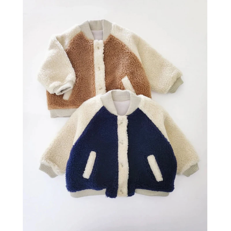 FOCUSNORM 0-4Y Autumn Winter Toddler Baby Boys Fleece Coat Contrast Color Long Sleeve Button Cardigan Jacket Outwear