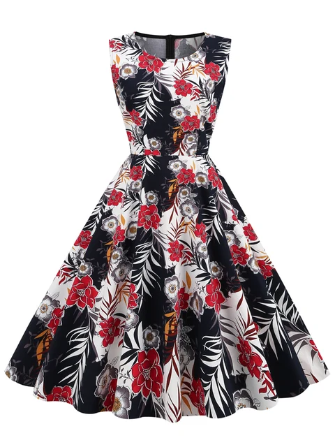Tonval élégant années 50 Robe rétro vêtements Pinup été Robe florale col rond sans manches femmes coton Vintage imprimé robes