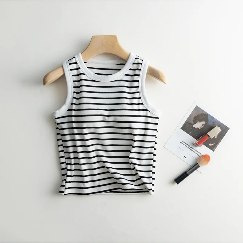 2024 Summer New Women's Tank Top Pajamas All Cotton with Chest Pads Tank Top with Stripe Sports Bottom Short Home Fur Ladies