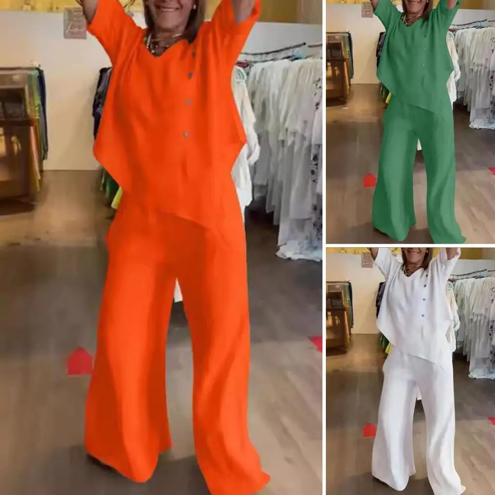 Lady T-shirt Pants Set Retro Lady Outfit Stylish 2-piece Set with Irregular Hem Top Wide Leg Trousers Loose-fitting Elastic