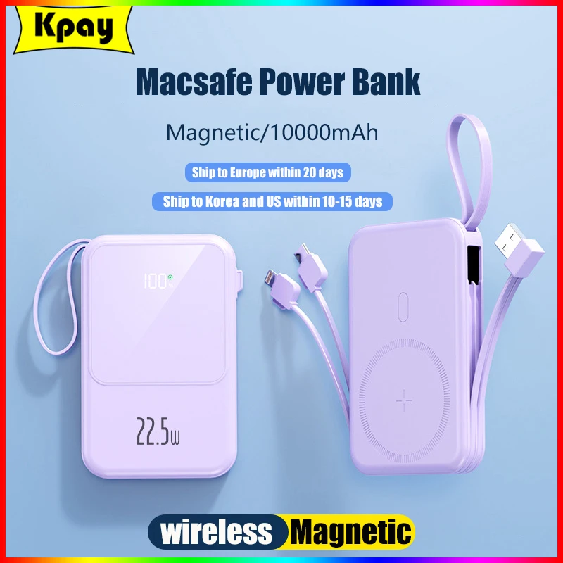 

10000mAh Macsafe Power Bank Built-in Cable Magnetic Wireless 15W Powerbank For iphone Xiaomi Portable External Auxiliary Battery