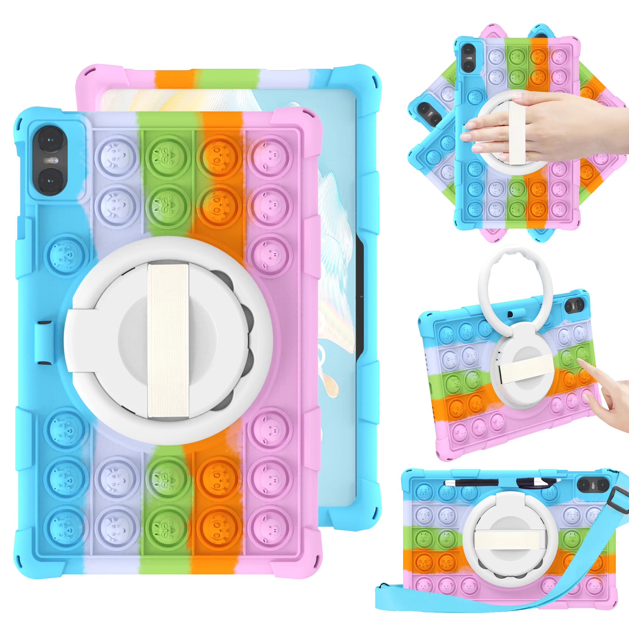 Kids Shockproof Silicone Cartoon Case with Decompression Bubbles, Shoulder Strap & Pen Holder