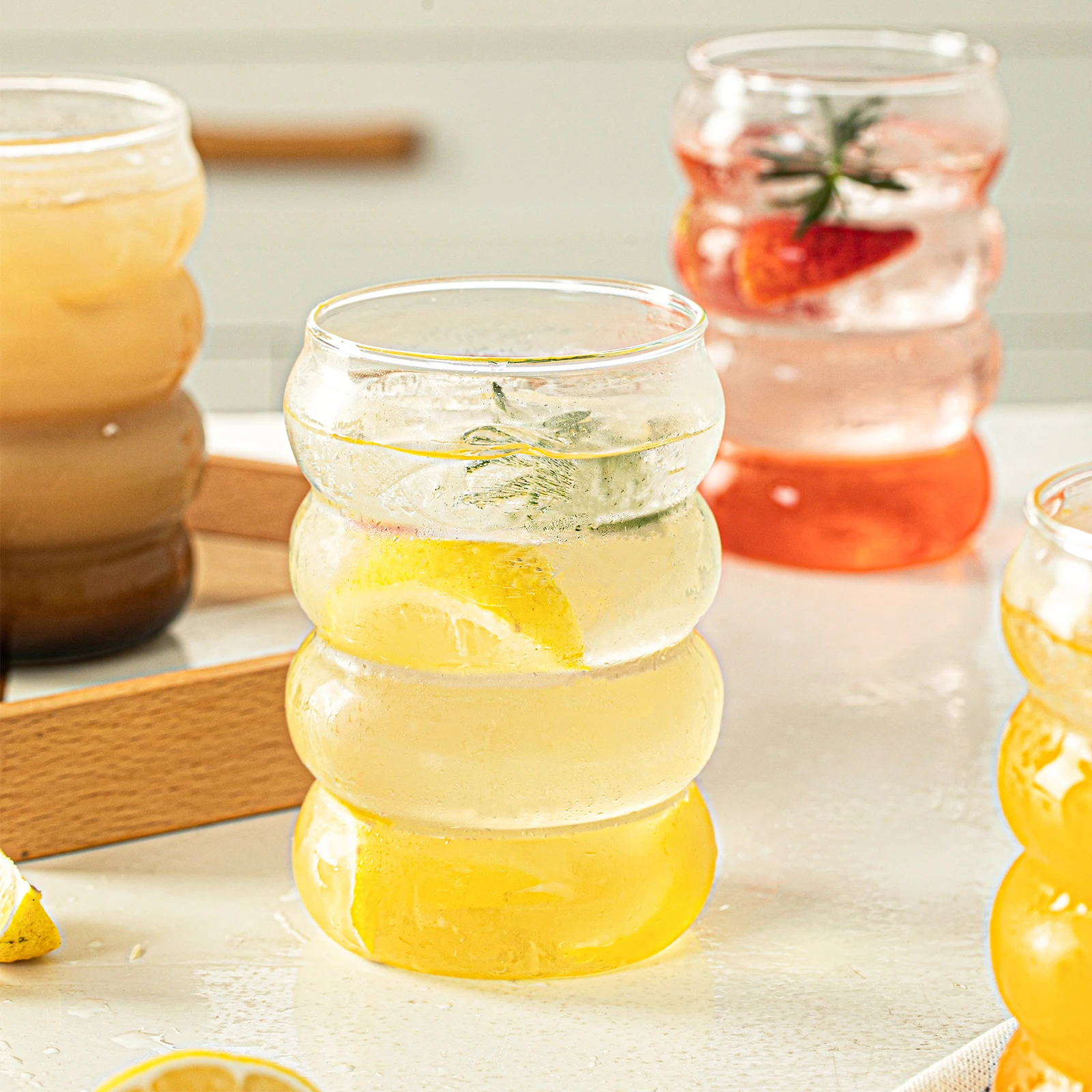 Creative Glass Cup Glass Cup with Lid Straw Heat-resistant Wave Cup Beer Juice Ice Coffee Cups Cocktail Fruit Bubble Glass Drinkware 4PCS