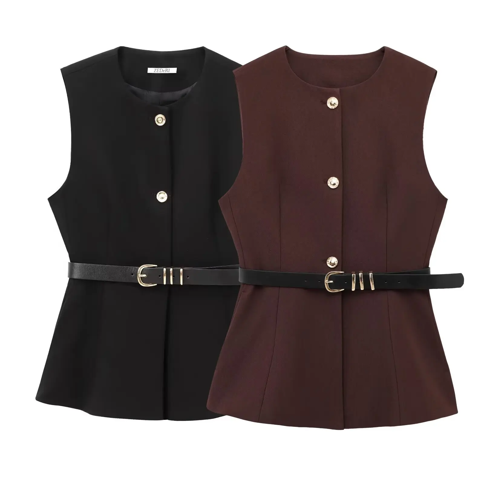 TFMLN Women Fashion Waistcoat Vest With Belt 2025 Vintage Sleeveless Front Button Female Outerwear Chic Vest Tops