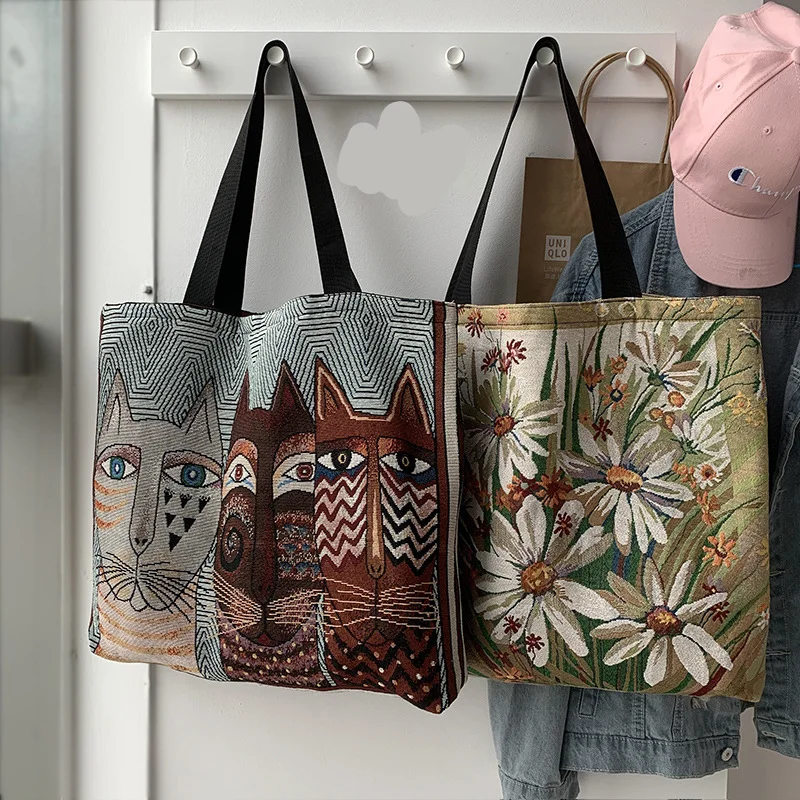 Bedrukte canvas tas in Europese en Amerikaanse stijl Ins Draagbare mama-draagtas met grote capaciteit Schattig Eén-schouder werkklasse woon-werktas voor dames_voghion.com