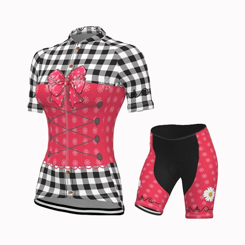 Women Cycling Jersey Set Bow Plaid Shirt Road Bike Jersey Breathable Mtb Wear Clothing Cycling Shorts Kit