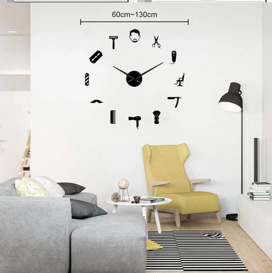 Barber Shop Giant DIY Wall Clock Modern Design Barbershop Decoration 3D DIY Wall Mirror sticker Hair Stylist Hairdresser Gift