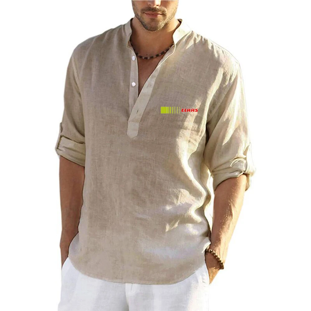Claas 2023 Men Cotton Linen Shirt Casual comfort Loose Blouse Long Sleeve Solid Color Stand Collar Beach Style fashion Tops