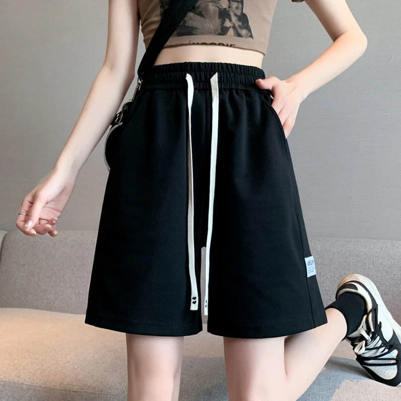 2024 Summer Shorts Women's High-waisted Splicing Casual Sports Trousers Loose Thin Versatile Wide-legged Five-quarter Trousers