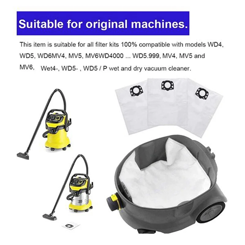 HFES 필터 먼지 봉투 Karcher MV4 MV5 MV6 WD4 WD5 WD6 교체 가방 Karcher WD4000 WD5999, 부품 2.863-006.0