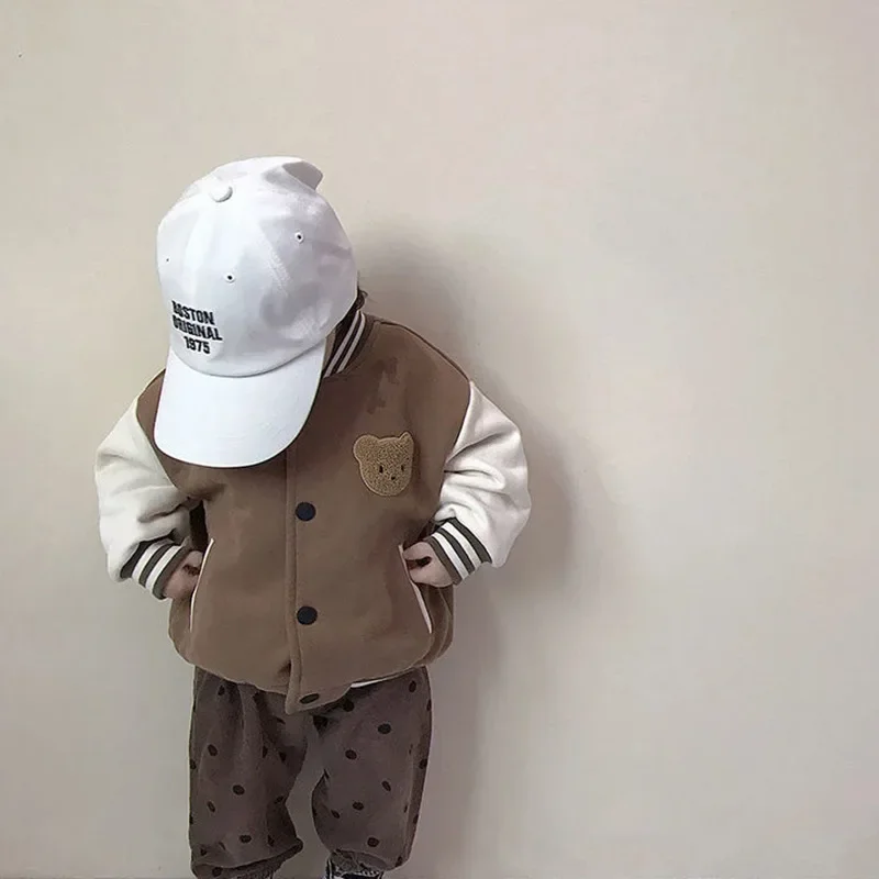 New Chidlren Girls Cartoon Bear Jackets Long Sleeve Fleece Coat Warm Fall Kids Boys Beseball Outwear Winter Toddler Clothi